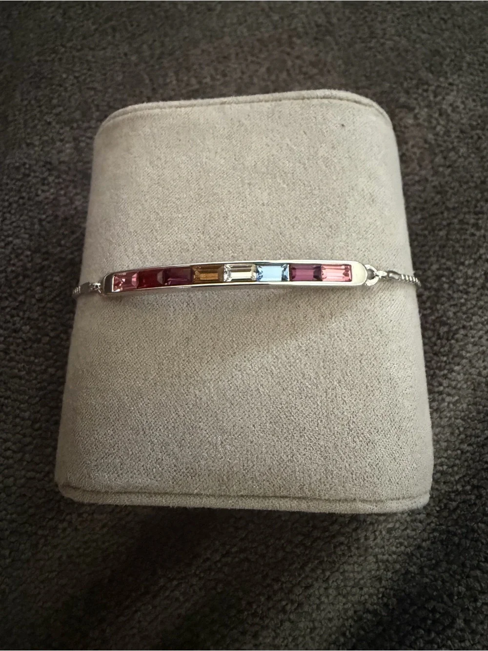 Silver Multi-Gem Bar Bracelet - with adjustable pave’ stone slide closure